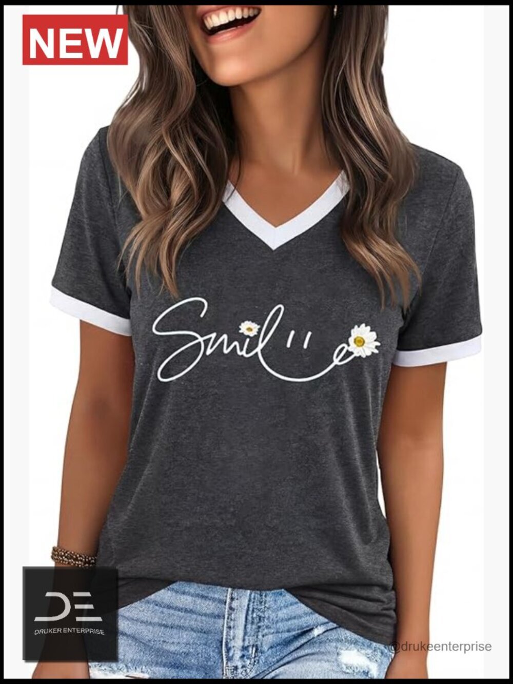 Cotton Blend V-Neck Short Sleeve Graphic Tee Letter Print Casual Loose Fit